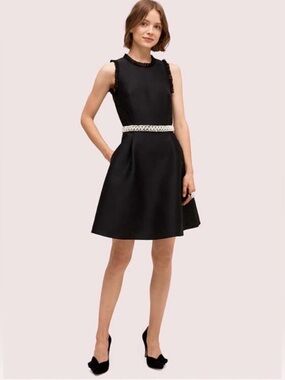 kate spade Black Sleeveless Ruffle-Neck Dress with Pearl and Crystal Waist Detai